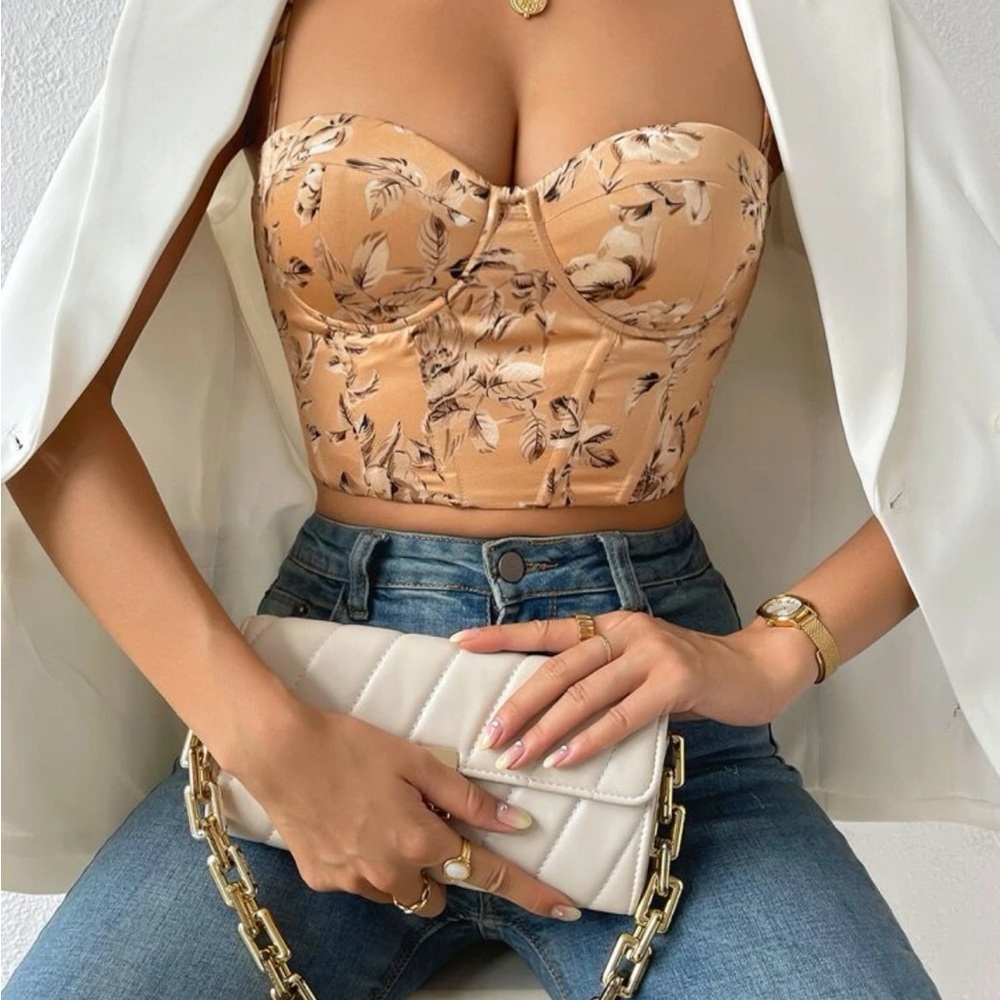 Champagne Floral Print Lace Up Back Crop Cami Top
